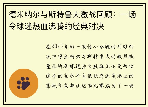 德米纳尔与斯特鲁夫激战回顾：一场令球迷热血沸腾的经典对决