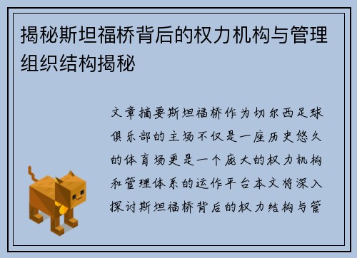 揭秘斯坦福桥背后的权力机构与管理组织结构揭秘