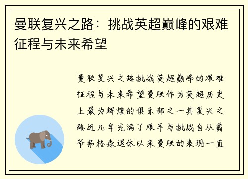 曼联复兴之路：挑战英超巅峰的艰难征程与未来希望