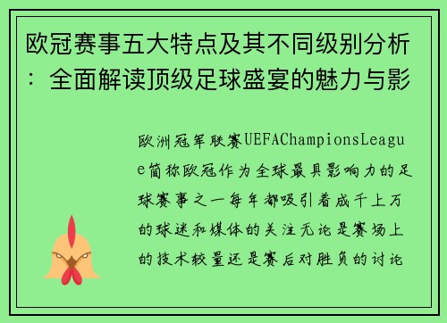 欧冠赛事五大特点及其不同级别分析：全面解读顶级足球盛宴的魅力与影响