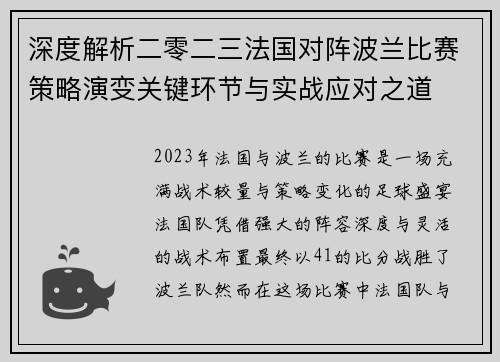 深度解析二零二三法国对阵波兰比赛策略演变关键环节与实战应对之道