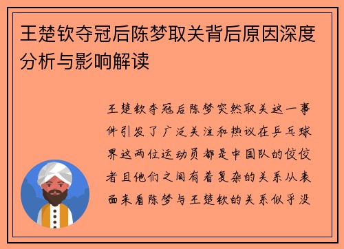 王楚钦夺冠后陈梦取关背后原因深度分析与影响解读